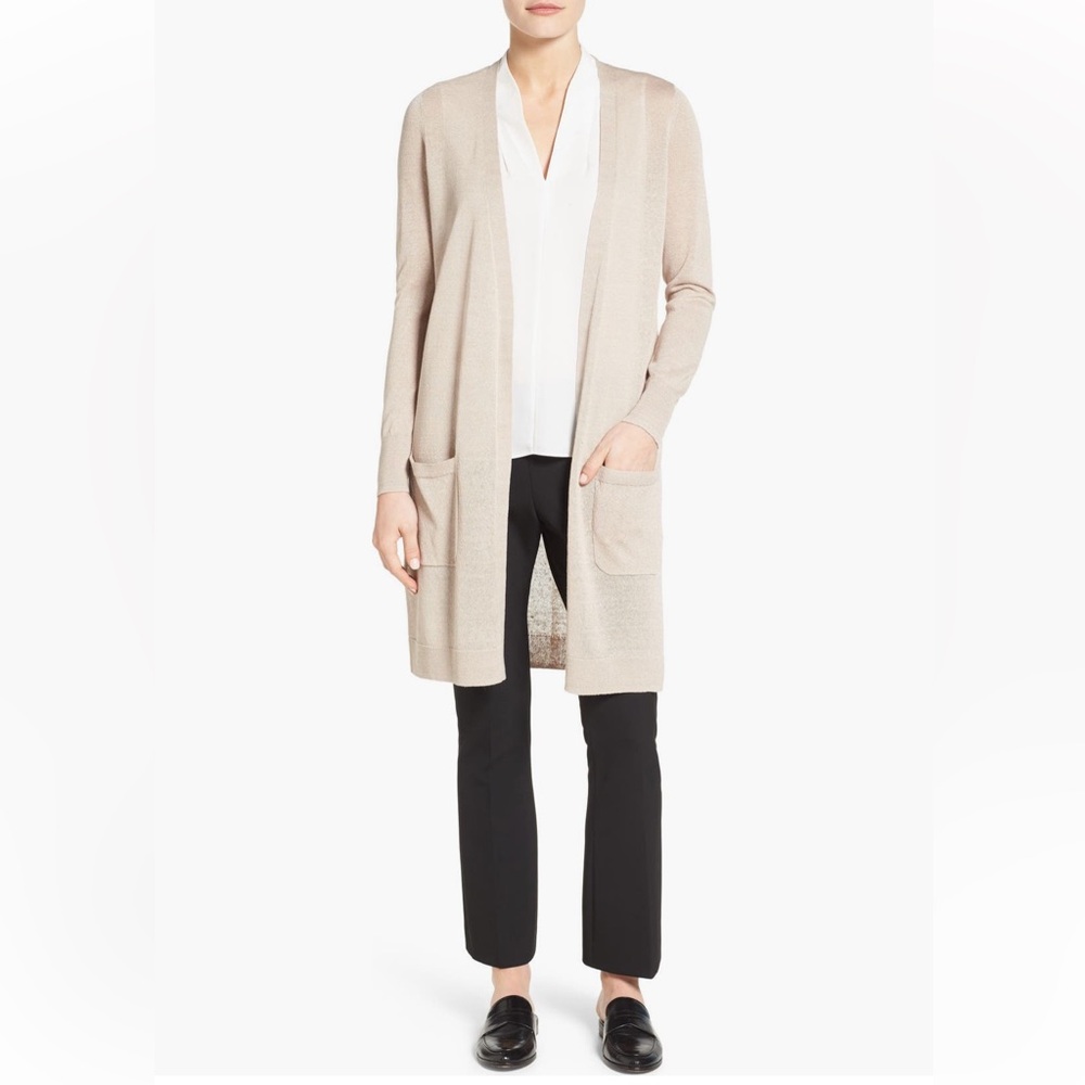 Halogen | Long Linen Blend Cardigan | Tan | Size Small Petitr